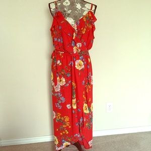 Red floral high low ruffle dress